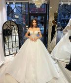 Charming Floor Length Sweetheart Off-The-Shoulder A-Line Lace Wedding Dress with Sequins
