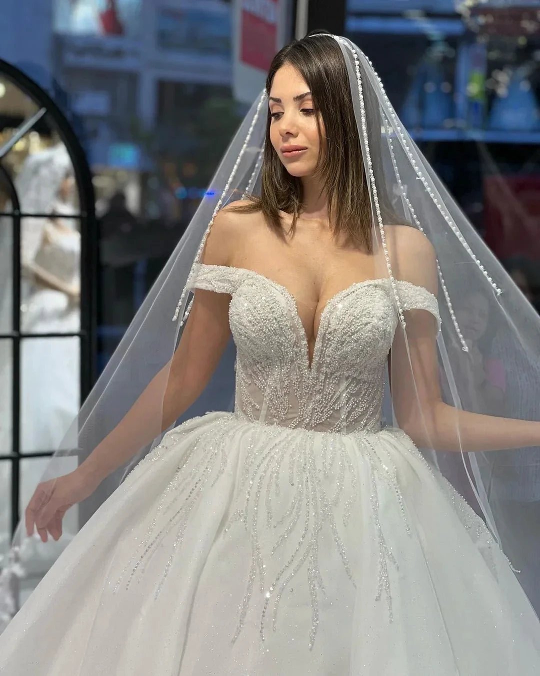 Charming Floor Length Sweetheart Off-The-Shoulder A-Line Lace Wedding Dress with Sequins