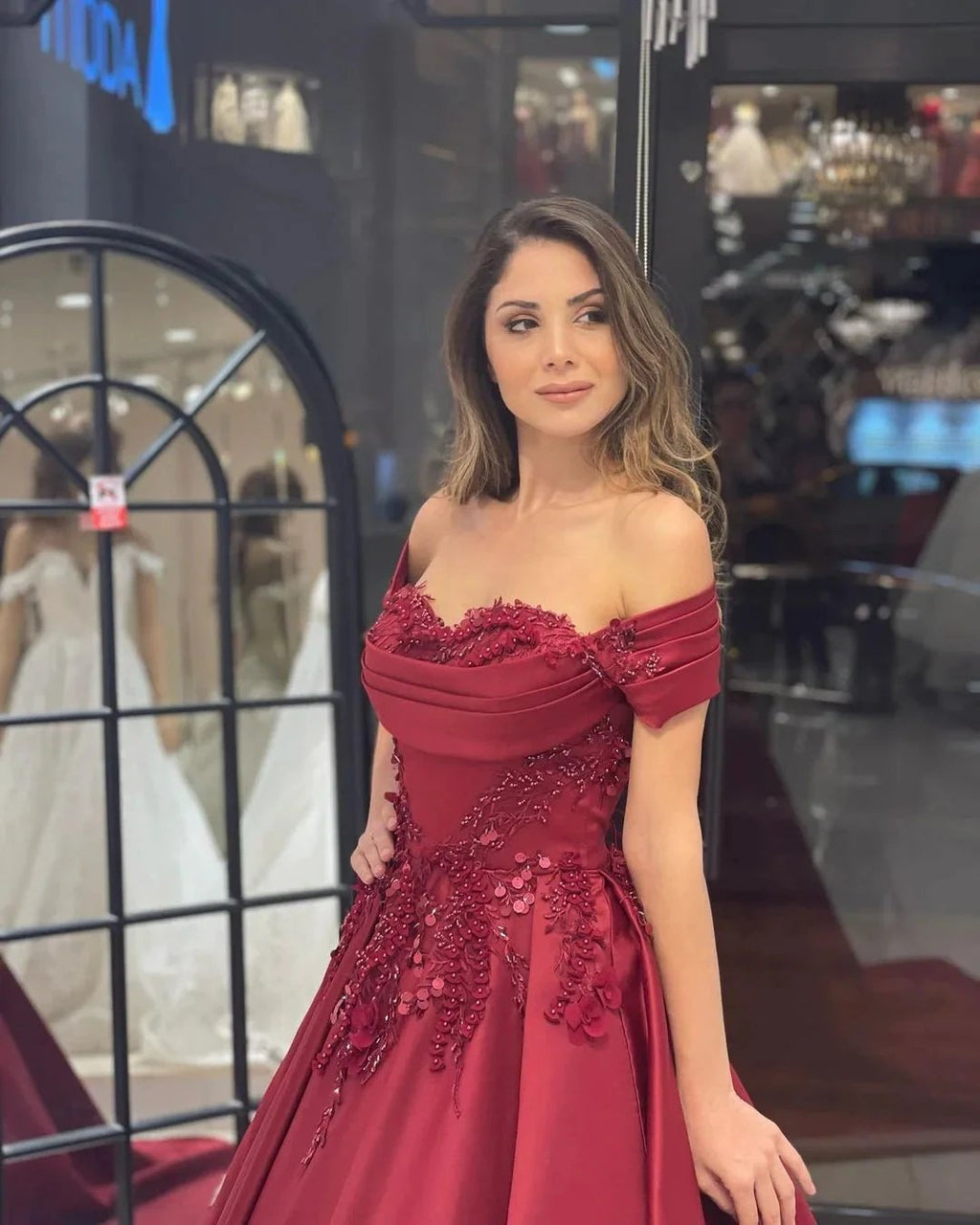 Charming Floor Length Sweetheart Off-The-Shoulder A-Line Satin Wedding Dress with Appliques