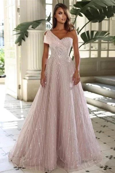 Charming Floor Length Sweetheart Sleeveless One-Shoulder A-Line Sequined Prom Dress