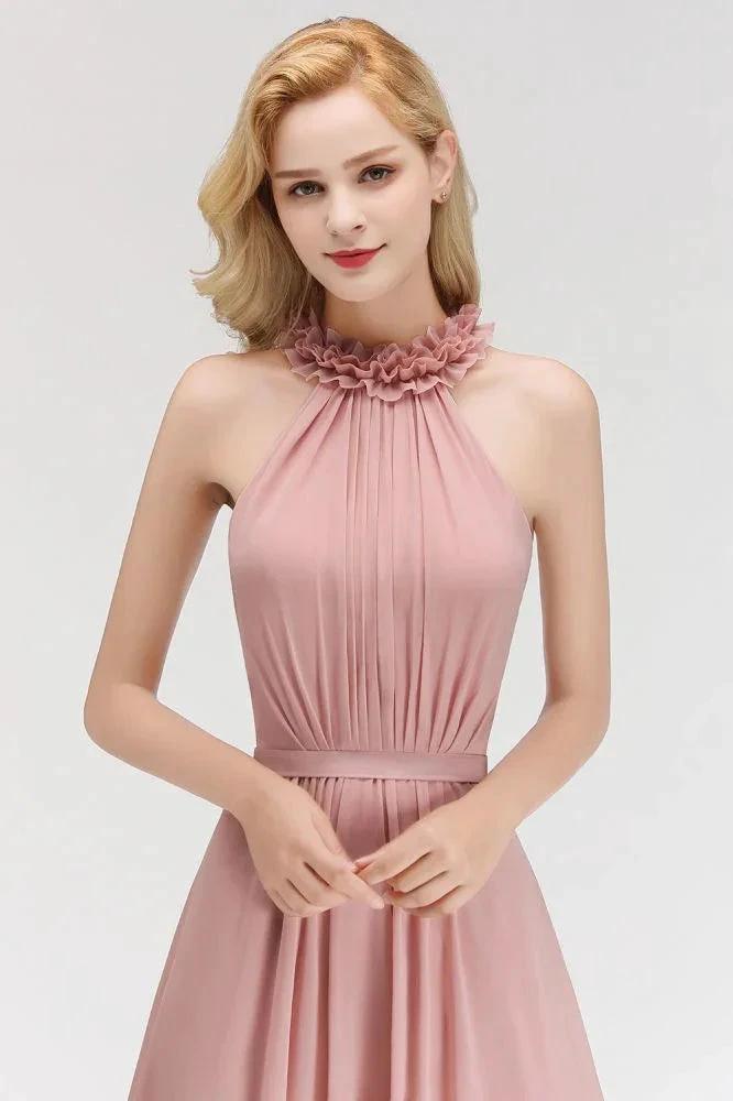 Charming Halter Sleeveless Ruffled Chiffon Bridesmaid Dresses Aline Evening Maxi Gown