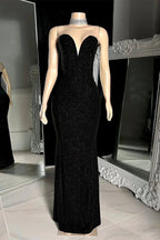 Charming Long Black V-neck Sleeveless Mermaid Prom Dress WIth Beading
