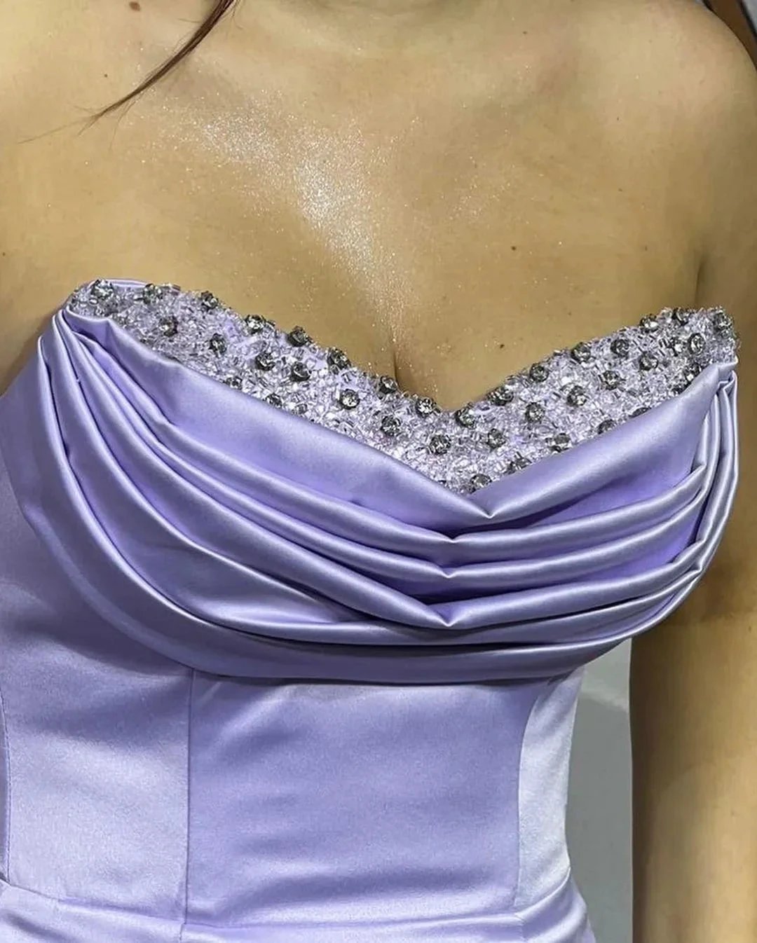 Charming Long Satin Sleeveless Strapless Mermaid Prom Dress With Rhinestone