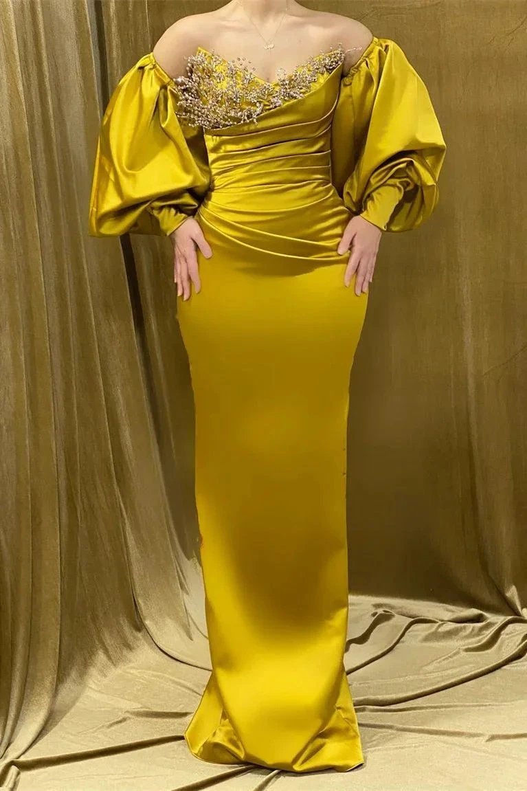 Charming Long Sweetheart Rhinestone Satin Mermaid Prom Dress With Long Sleeves