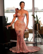 Charming One Shoulder Mermaid Prom Dress Glitter Sequins Pearl Sweetheart Evening Dress
