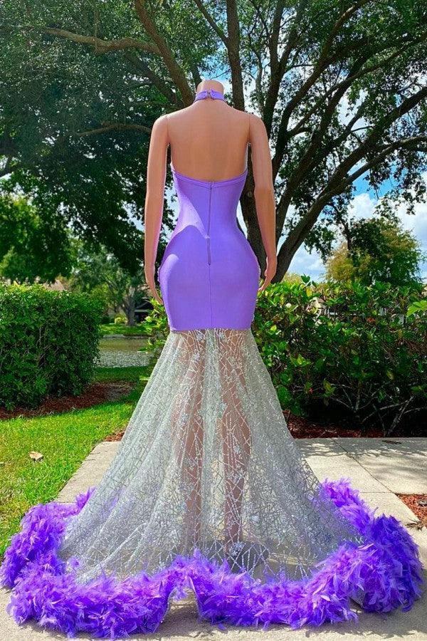 Charming Purple Long Mermaid Halter Satin Tulle Prom Dress