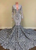 Charming Silver V-neck Long Sleeve Flowers Floor-length Mermaid Prom Dresses