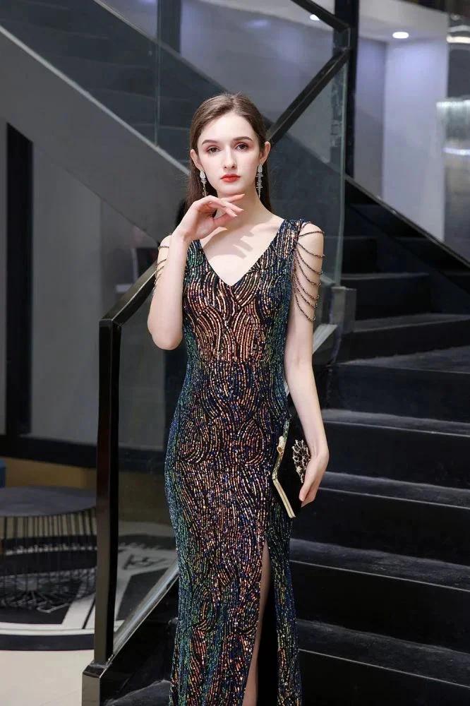Charming Sparkly Sequins Beading Side Slit Prom Dress Floor Length