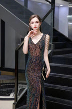 Charming Sparkly Sequins Beading Side Slit Prom Dress Floor Length