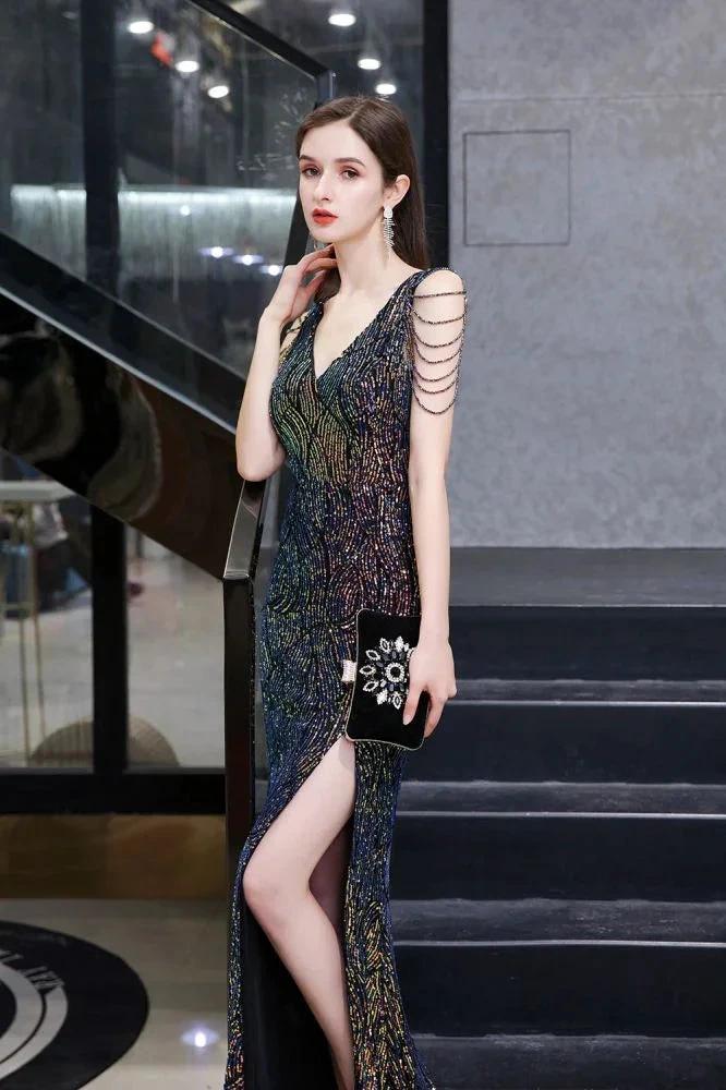 Charming Sparkly Sequins Beading Side Slit Prom Dress Floor Length