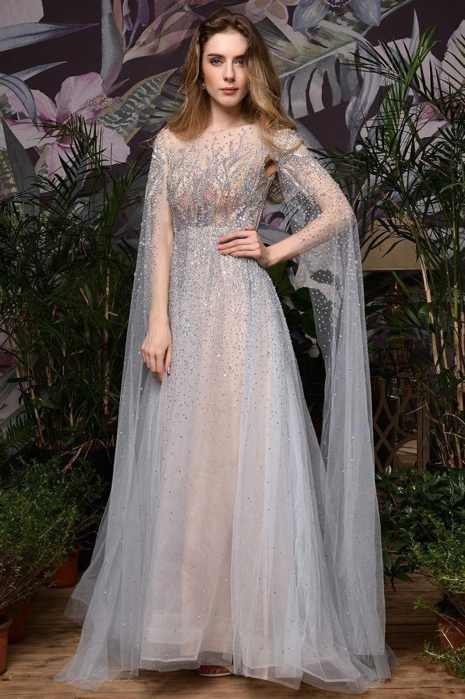 Charming Tulle Floor Length Evening Party Dress Sparkly Beads Prom Dress with Back Cape
