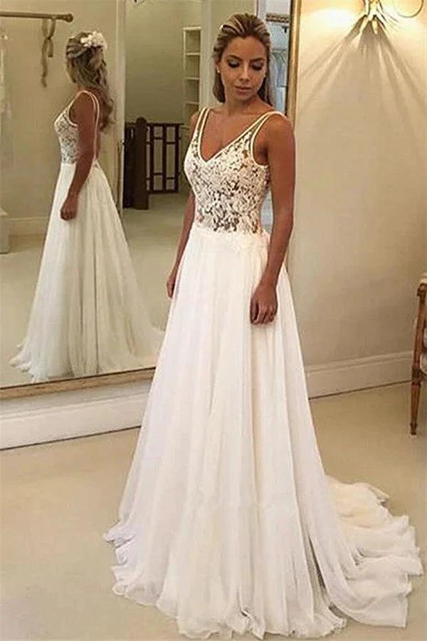 Charming V-Neck Sleeveless Appliques A-Line Floor-Length Wedding Dresses