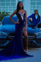 Charming V-Neck Velvet Mermaid Prom Dress Beadings Side Slit Party Dress
