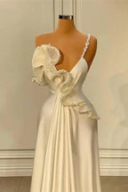 Charming White Asymmetrical Satin Prom Dress with Ruffles