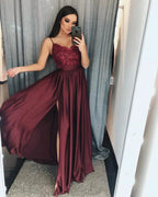 Chic A-Line V-neck Chiffon Lace Long Prom Dress With Slit