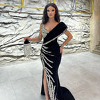 Chic Black Long Mermaid Sweetheart Velvet Beading Formal Prom Dresses with Slit