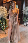 Chic Long A-line V-neck Beading Tulle Backless Prom Dress with Slit