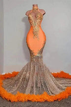 Chic Long Orange Halter Sleeveless Floor-Length Beading Mermaid Prom Dress