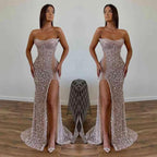 Chic Sequined Floor Length Strapless A-line Prom Dress with Front Slit