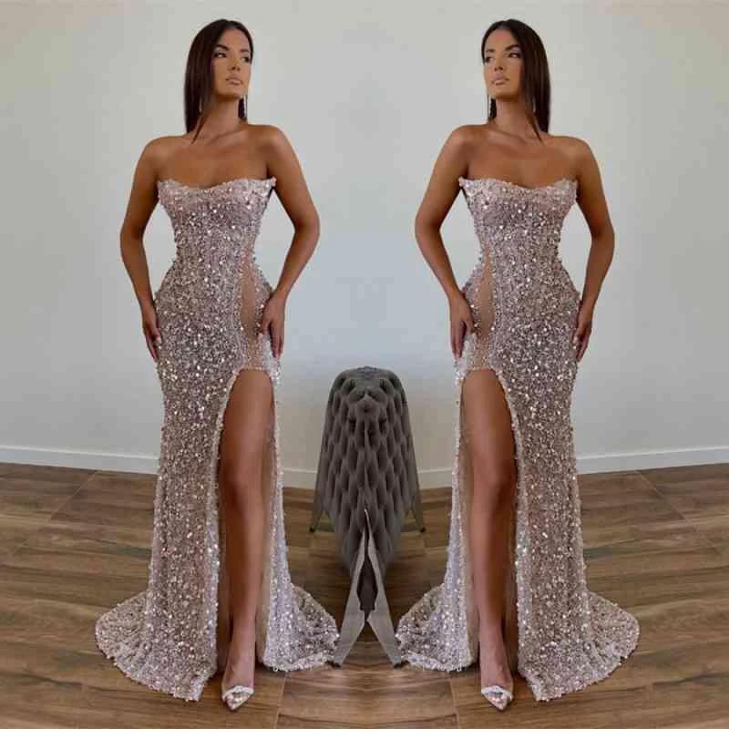 Chic Sequined Floor Length Strapless A-line Prom Dress with Front Slit