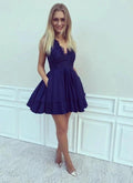 Short A-line V-neck Lace Prom Dresses with Pockets