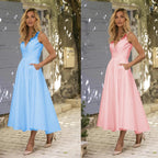 Chic Short A-line V neck Satin Backless Formal Prom Dresses with Pockets