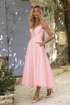 Chic Short A-line V neck Satin Backless Formal Prom Dresses with Pockets