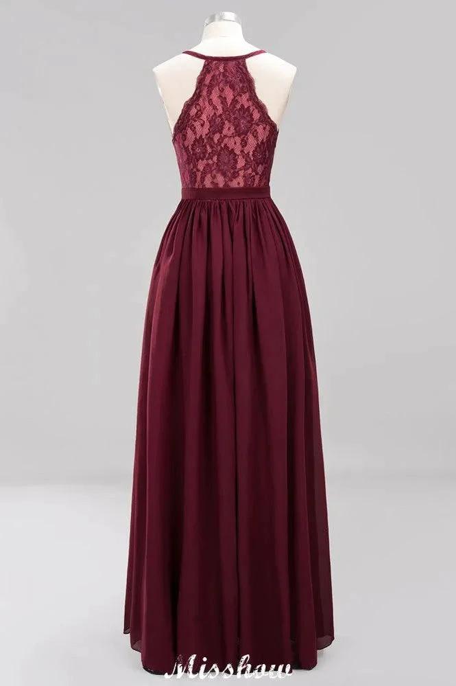 Chiffon Lace A-line Bridesmaid Dresses | V-Neck Sleeveless Floor Length Maid of the Honor Dresses