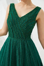 Classic Long A-line V-neck Tulle Prom Dress