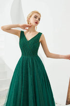 Classic Long A-line V-neck Tulle Prom Dress