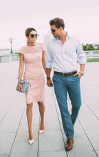 Classic Pink Short Sheath Lace Prom Dress with Sleeves