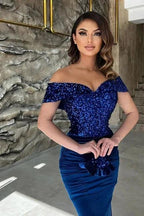 Classy Blue Sequins Sweetheart Off-the-shoulder Floor-length Column Prom Dresses