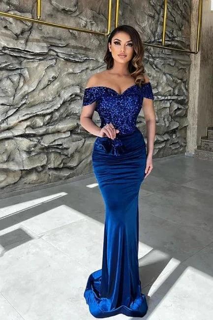 Classy Blue Sequins Sweetheart Off-the-shoulder Floor-length Column Prom Dresses