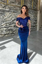 Classy Blue Sequins Sweetheart Off-the-shoulder Floor-length Column Prom Dresses