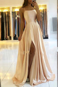 Classy Long A-line Satin Open Back Prom Dress with Slit