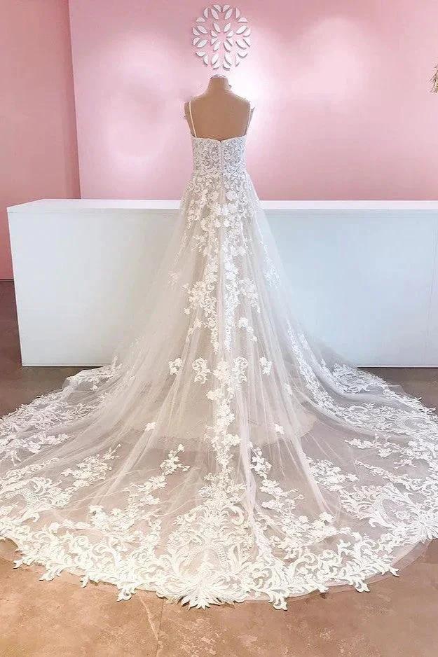 Classy Long A-Line Tulle Spaghetti Straps Appliques Lace Backless Wedding Dress