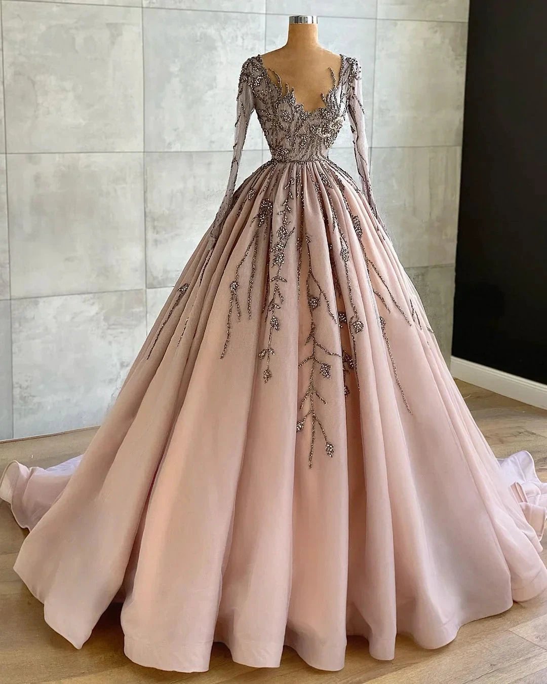 Classy Long A-line V-neck Beading Tulle Prom Dress with Sleeves