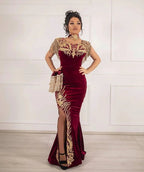 Classy Long Mermaid Appliques Lace Velvet Prom Dress With Slit