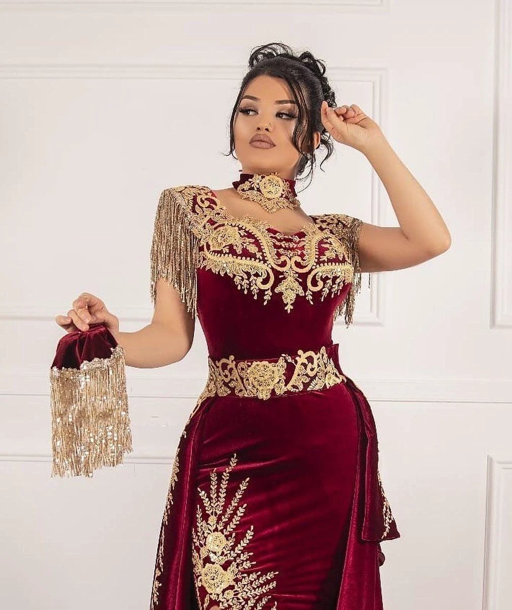 Classy Long Mermaid Appliques Lace Velvet Prom Dress With Slit