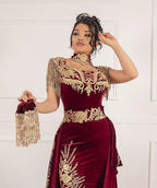 Classy Long Mermaid Appliques Lace Velvet Prom Dress With Slit