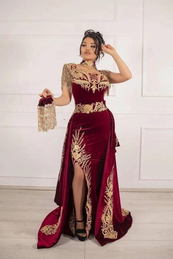 Classy Long Mermaid Appliques Lace Velvet Prom Dress With Slit