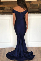 Classy Long Mermaid Off-the-shoulder Backless Dark Navy Prom Dress