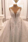 Classy Long Sweetheart Spaghetti Straps Appliques Lace Crystal Backless Wedding Dress