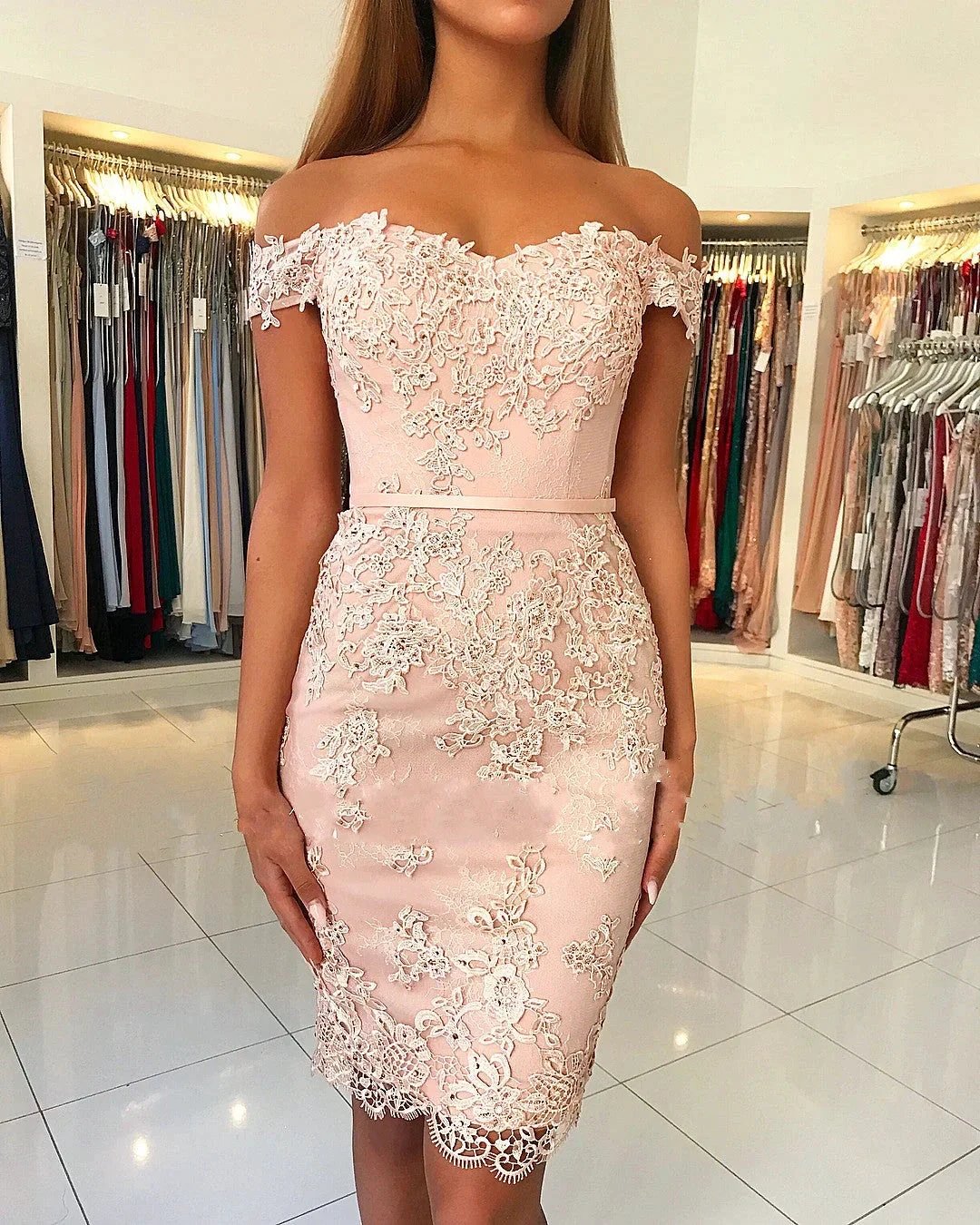 Classy Short Mermaid Off-the-shoulder Lace Prom Dress