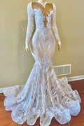 Classy V-neck Sequins Floor-length Mermaid Prom Dresses With Long Sleeves