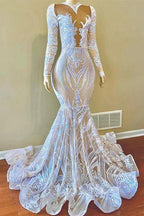 Classy V-neck Sequins Floor-length Mermaid Prom Dresses With Long Sleeves