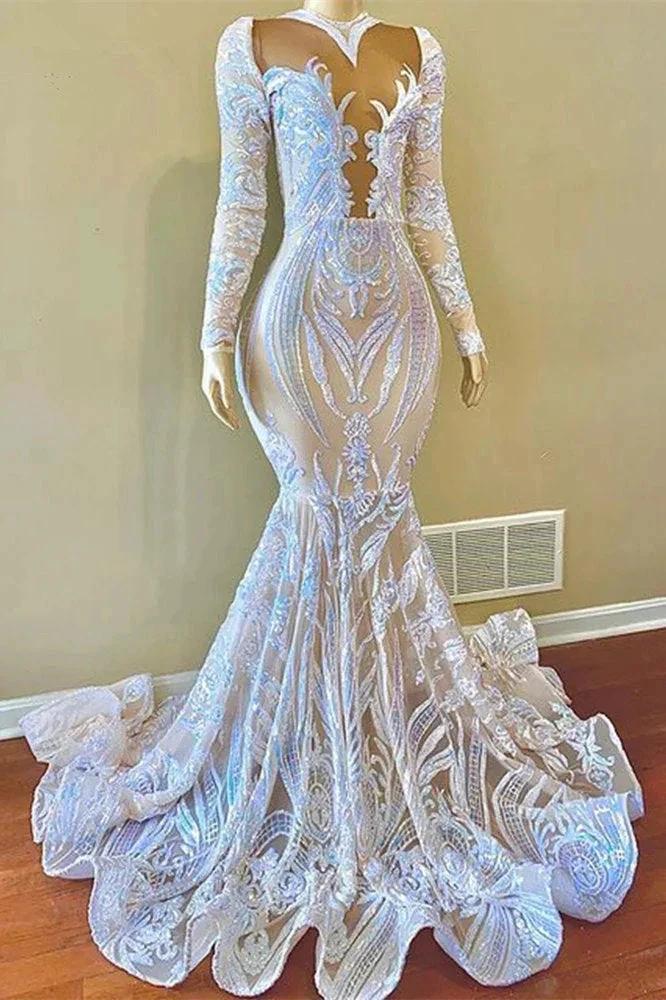 Classy V-neck Sequins Floor-length Mermaid Prom Dresses With Long Sleeves