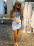 Column Lace Spaghetti Straps Short Prom Dresses