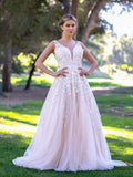 V-neck Applique Lace Tulle Sweep Train Prom Dress
