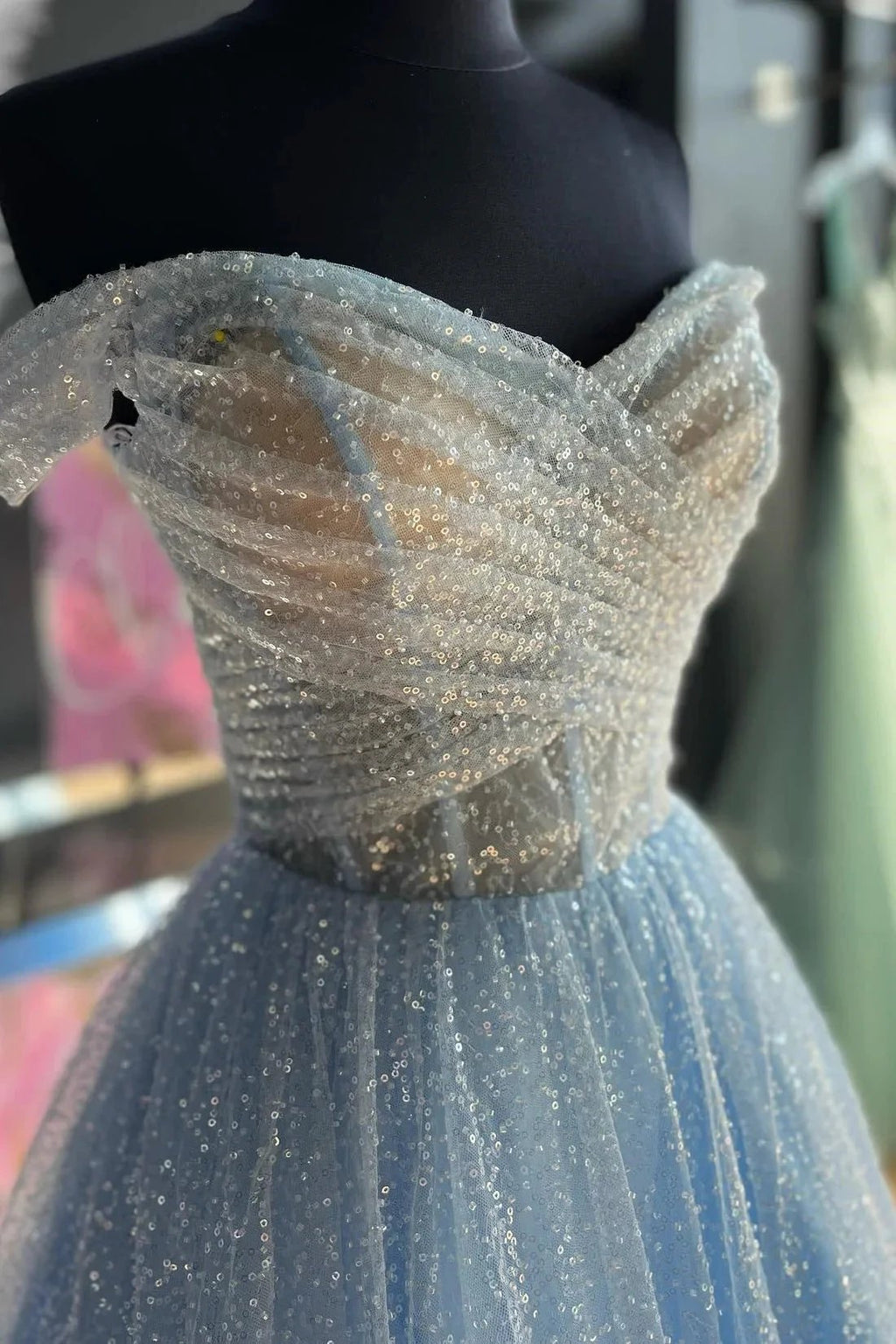 Jayla | Sparkly Blush Pink Off-the-Shoulder Surplice Long Prom Dress